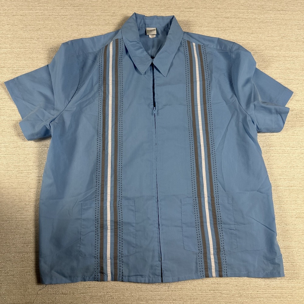 Retro Cuban Camp Bowling Resort Shirt Zip Front Coastal Cruise Men's 2XL Blue